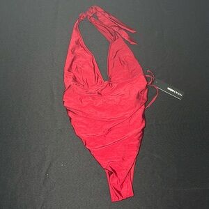 Red V Neck One Piece- Large